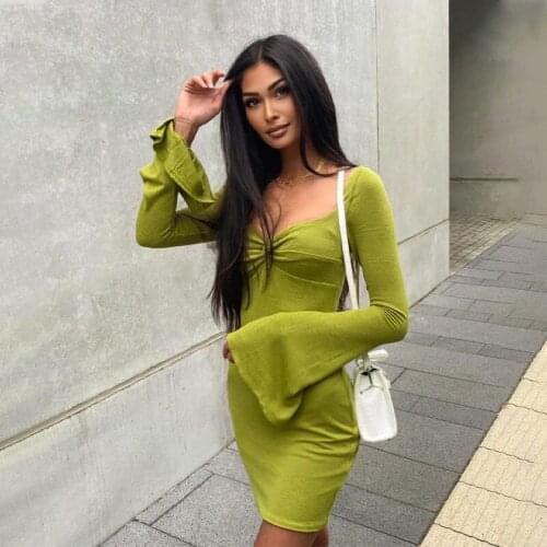 WJFZQM 2021 Flare Long Sleeve Square Collar Bodycon Dress Ladies Green Club Short Mini Dress Sexy Dress For Women Autumn Winter