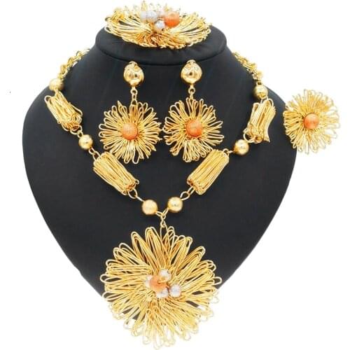 Yulaili Wholesale Brazil Gold Jewelry Set New Design Big Gold Shiny Bridal Necklace Earrings Bangle Ring Jewelry Set for Lady