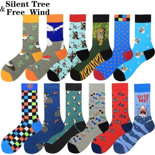 Mens Funny Dress Socks Novelty Tiger Shark Sunglasses Dot Plaid Cartoon Cotton Casual Long Sox For Men Women