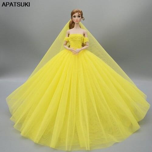 Yellow Fashion Wedding Dress for Barbie Doll Clothes Evening Dresses Gown Long Dress Outfits With Veil 1/6 Doll Accessories