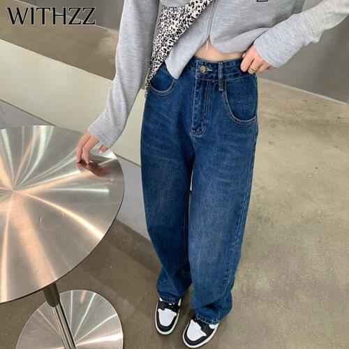 WITHZZ Spring Autumn Women Straight Pants Pocket Embroidered Blue Denim Casual High Waist Female Jeans