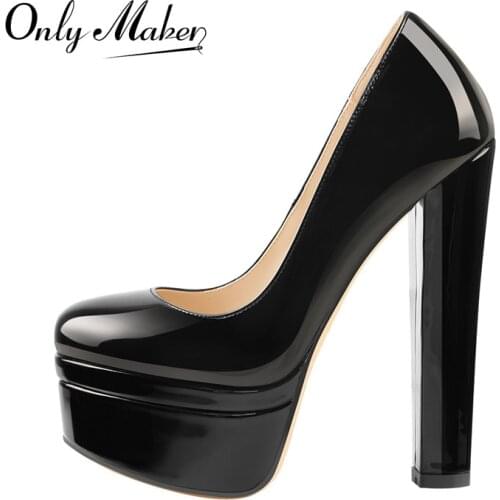 Onlymaker Womens Round Toe Double Platform Slip On High Heel Pumps Block Chunky Heels Party Shoes Patent Black Large Size