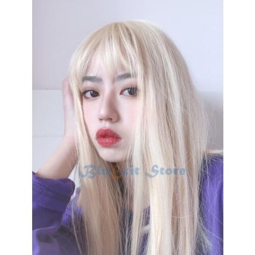 Golden Harajuku Lolita Wig Women Blonde Long Straight Hair Fringe Bangs Adult Chic Girls Cosplay Daily Wear