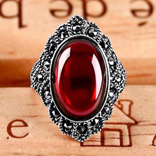 Big gemstone green jade &red onyx rings for women vintage emerald &ruby stone Thai silver color elegant jewelry antique gift