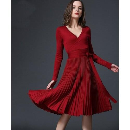 Solid Color Dress Autumn 2019 Pleated Dress Midi Elegant V Neck Long Sleeve Casual Dresses For Women Knit Dress Autumns DD2176