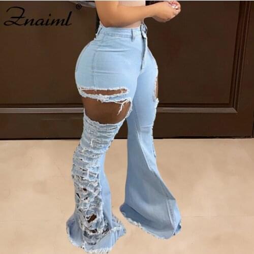 Znaiml Woman Jeans High Waist Clothes Skinny Ripped Denim Clothing Blue Streetwear Vintage 2021 Fashion Harajuku Flare Pants