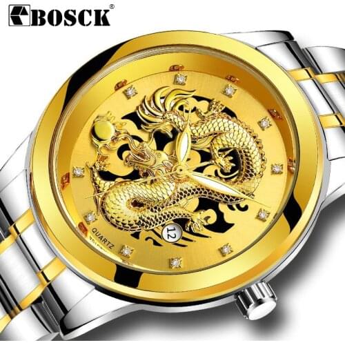 Gold Watch Men Wristwatch Steel Waterproof Business Quartz Dragon Watch Non-automatic Date Male Watch Reloj Hombre Mens Watches