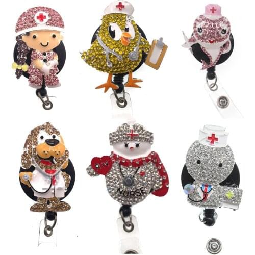 20pcs/lot New medical Cute angel/doctor/nurse Rhinestone enamel nurse Retractable ID Badge Holder reel