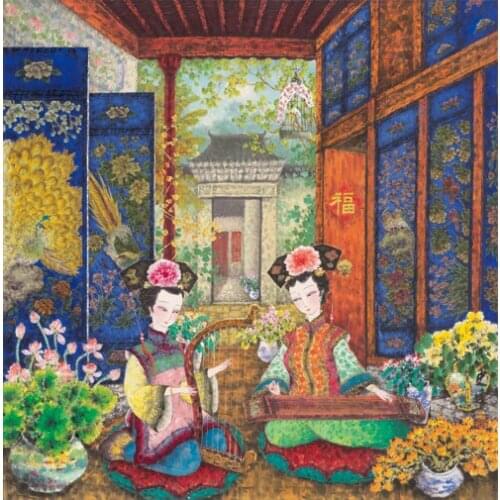Free shipping classical Chinese ancient zither women oil painting canvas painting prints on canvas wall art decoration picture