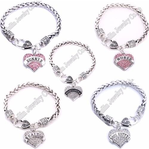 Heart Crystal RUNNER/NURSE/REALTOR/SOUL SISTERS/QUINCE ANERA Jewelry Bangle Family Sis Love Girl Gifts Charm