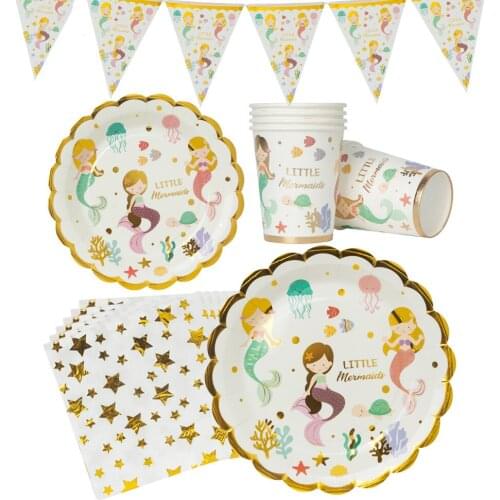 Bronzing Mermaid Girls 1st Birthday Party Decoration Party Banner Plates Cups Napkins Birthday Party Kids Favor Supplies