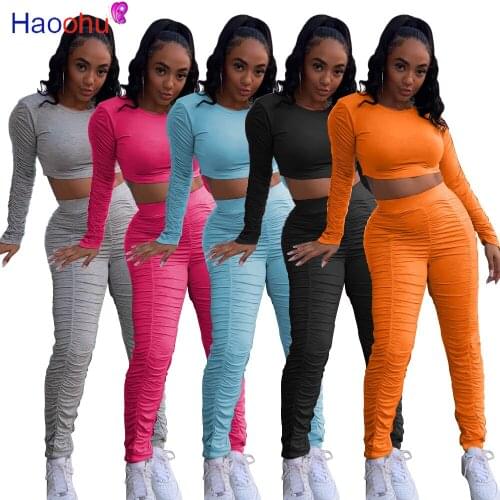 HAOOHU Sportwear Stacked Womens Set Two Piece Set Long Sleeve Crop Tops Stacked Pants Suit Tracksuit Matching Set Outfit
