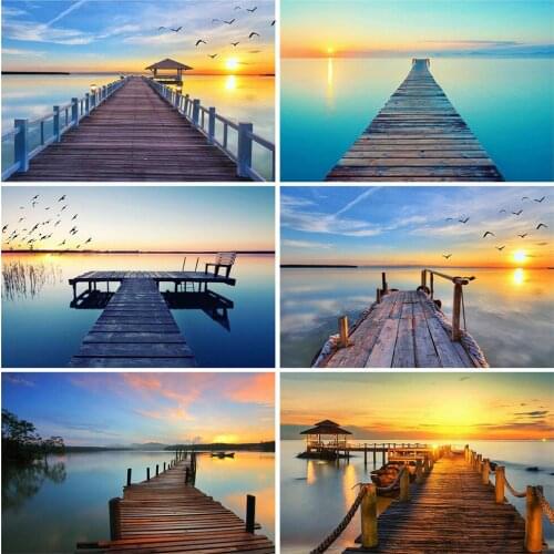 HUACAN 5D DIY Diamond Painting Sunset Full Square Drill Art Rhinestone Diamond Embroidery Landscape Bridge Needlework Home Decor