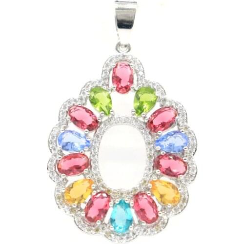 45x28mm Multi Color Created Garnet Aquamarine Citrine Peridot Violet Tanzanite CZ For Womans Silver Pendant