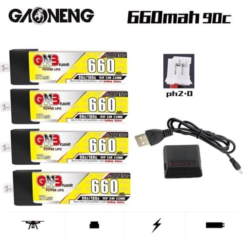 GAONENG GNB Max 180C 3.8V 660mAh 1S HV 4.35V Lipo Battery With Charger PH2.0 Plug For Emax Tinyhawk King Kong Ldarc TINY7 Drone