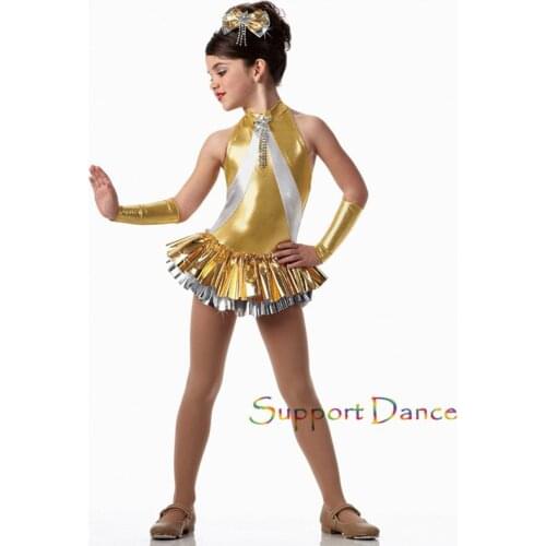 Mock Turtleneck Metallic Gold Latin Dress Kids Dance Costume C238