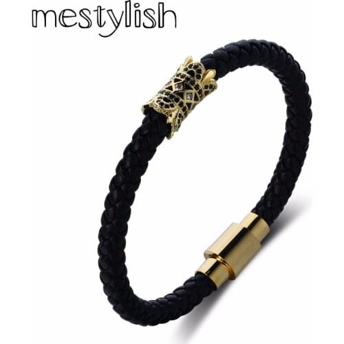 Mestylish 6mm Genuine Leather Bracelet Jewelry Paved CZ Twins Crown Stainless Steel Magnetic Clasp Bracelet Fit Men and Women