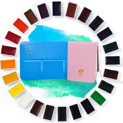 Paul Rubens 24 Colors Solid Watercolor Paint Set Large Full Sized Pan Paints Portable Metal Case with Palette