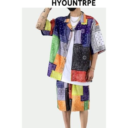 2 Pieces Sets Mens Fashion Harajuku Printed Short Sleeves Loose Shirts and Elastic Waist Shorts Joggers Streetwear Hip Hop Sets