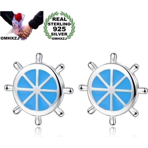 OMHXZJ Wholesale European Fashion Woman Party Birthday Wedding Gift White Blue Helm S925 Sterling Silver Stud Earrings YS493
