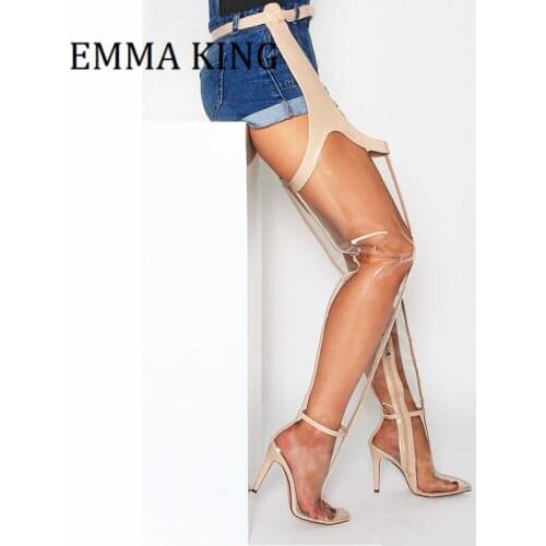 Unisex Crotch Thigh High Boots Women Clear Nude Belt Thigh High Boots Sexy Thin Heels Over The Knee Boots Ladies Dance Shoes