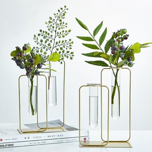 Nordic Gold Glass Flower Vase Home Decoration Modern Metal Hydroponic Table Vase Terrarium Decor Bathroom Decorative Accessories