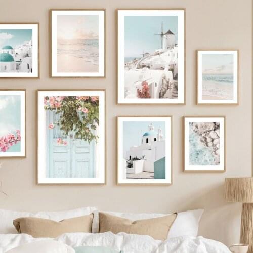 Nordic Poster Santorini White House Beach Sea Portal Flowers Stone Wall Art Print Canvas Painting Decor Pictures For Living Room