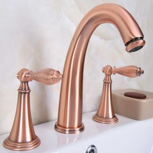 Deck Mounted 3 Holes Bath Tub Mixer Tap Vintage Retro Antique Red Copper Brass Widespread 2 Handles bathroom basin Faucet arg066