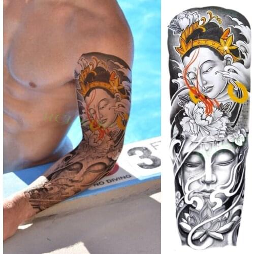Waterproof Temporary Tattoo Sticker Buddha Chinese Style Lotus Full Arm Fake Tatto Big Flash Tatoo Sleeve for Men Women