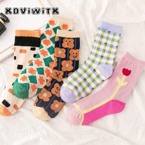 Funny Flower Plant Cotton socks for women square Fashion Harajuku girls Casual short lady black sock Houndstooth Grid womens sox
