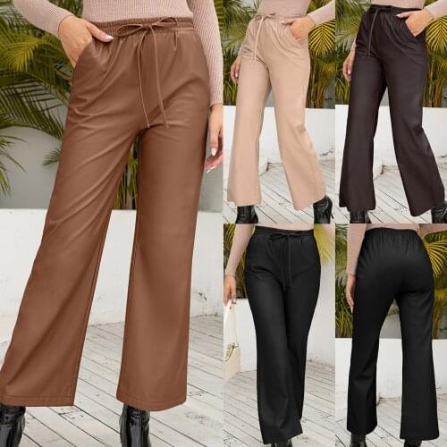 Women Pu Leather Pants2021 Autumn Winter High Waist Wide Leg Straight Trousers Casual Drawstring Office Lady Chic Pantalon Mujer