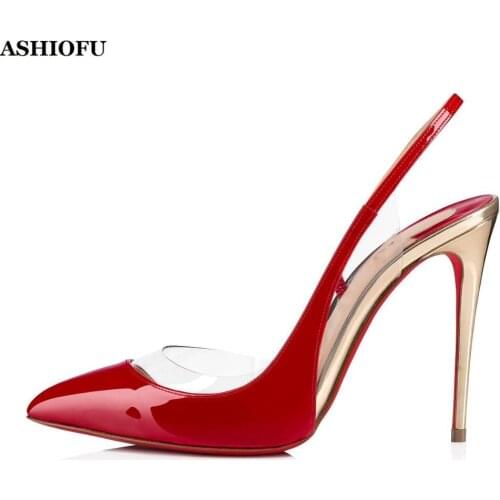 ASHIOFU Newest Hot Sale Handmade Ladies High Heel Pumps Patchwork PVC Sexy Party Dress Shoes Slingback Evening Fashion Shoes