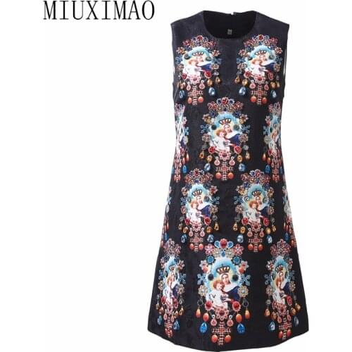 High Quality 2019 Summer Newest Casual Style O-Neck Sleeveless Tank Diamonds Print Fashion A-Line Above Knee Dress Women