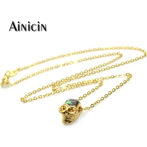 1pc Lovely Cute Korea Jewelry 8x14mm Pocket Size Skull Heads Beads With Rainbow Abalone Shell Paved Pendant Necklace