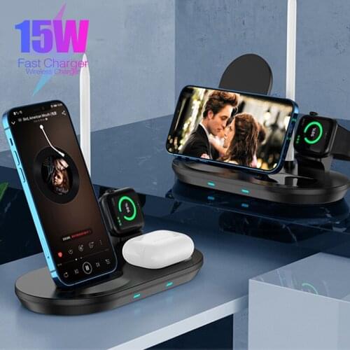 15W Qi Fast Wireless Charger Stand 4 In 1 Desktop Quick Charge Station Mobile Phone Charging Adapter For Apple Airpods Watch 6 5