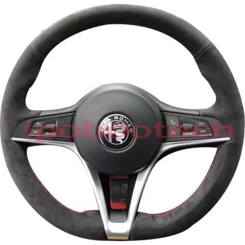 DIY All Black Suede Leather Steering Wheel Red Stitch on Wrap Cover Fit For Alfa Romeo Giulia 2017 Stelvio 2017