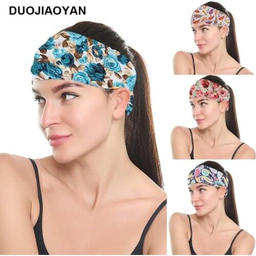DUOJIAOYAN New hot-selling fashion printing adult rose leaf hairband stretch warmth sports personality wide hairband adult