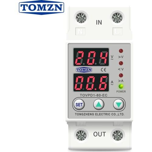 Dual Display 230V Din Rail Adjustable Over Under Voltage Current Protective Device Protector Relay TOMZN TOVPD1-63-EC