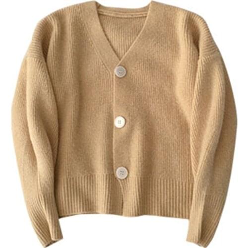 2021 New Spring Autumn Loose Yellow Woman Cardigan V-Neck Long Sleeve Button Solid Sweater Soft Acrylic Streetwear School Girl