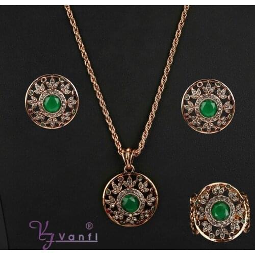 Top Quality Fashion Royal Green Resin Jewellry From Turkish New Necklace Earring Ring Sets Antique Gold Women Jewelry Sets