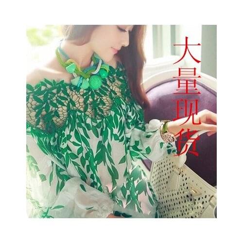 Summer T Shirt Women Hollow out off-the-shoulder leaves a word printed pure silk bud chiffon Female Tee Tshirts ZXP1402