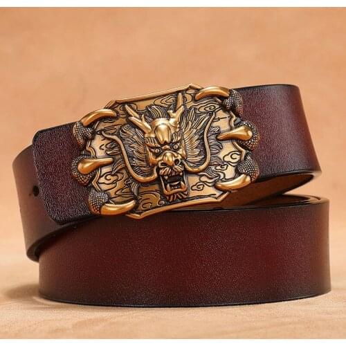 Lion Head 3D Gold Silver Buckle Belt Men Real Cowskin Genuine Leather Belt Plus Size 130 140cm 150cm Black Brown Belts Vintage