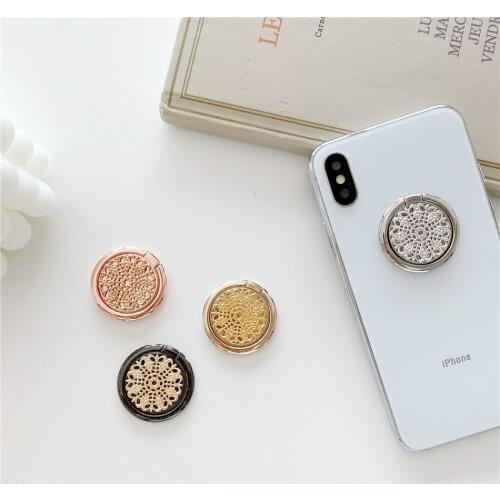 Fashion Luxury Retro Universal Hollow Gold Silver Line Flower Metal Finger Ring Mobile Phone Round Stand Holder Women Grip Gift