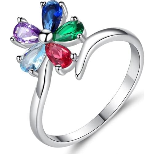 MOONROCY Silver Color CZ Crystal Rings Colourful Bohemia Cubic Zirconia Ring Engagement Ring Jewelry for Women Dropshipping