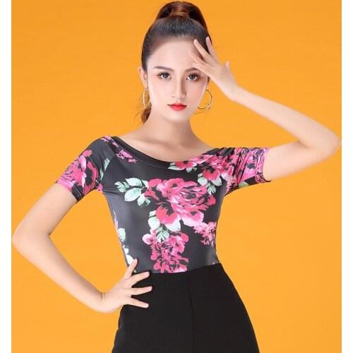 2019 New Ballroom Latin Dance Tops Ice Silk Flower Shirt Adult Ladies Waltz Cha Cha Training Performance Dancing Clothes PY046