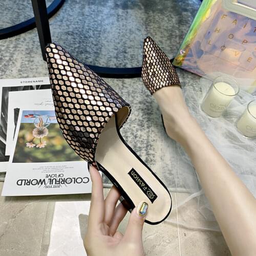 2021 Spring New Net Celebrity Rhinestone Pointed Toe Women Sandals Wear Baotou Half Slippers All-match Cat and Mule Shoes Women