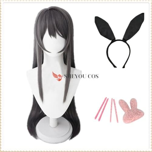 Anime Seishun Buta Yarou Mai Sakurajima Cosplay Wig Accessories Headwear Pink Hairpin Long Straight Gray Hair Wig