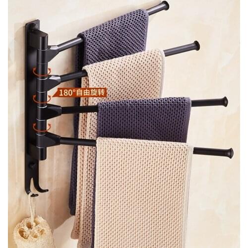 Movable Towel Bar Rotating Nordic Towel Rack Black non-perforated Space Aluminum 2 /3 /4 /5 Bars Bathroom Storage Rack