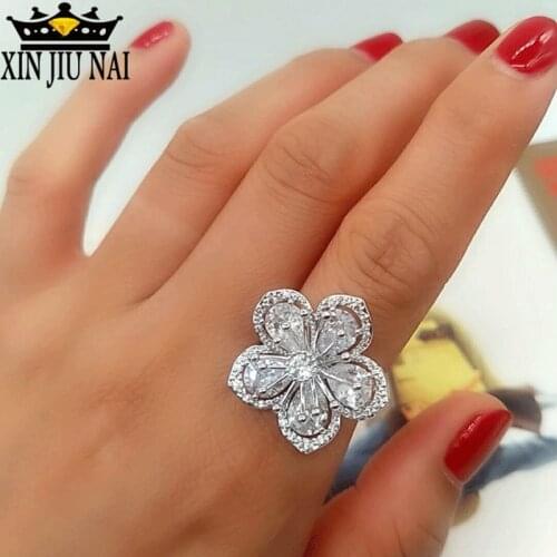 Exaggerated Elegant Original 925 Silver Rings for Women Dazzling Flower Ring CZ Zircon Anniversary Ring Bijoux diamond rings