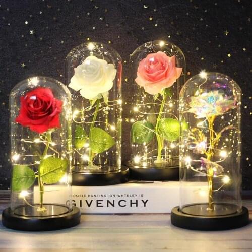 Dropshipping Elegant Beauty and The Beast Red Galaxy Rose In A Glass Dome with LED Light Flower Christmas Valentines Day Gift